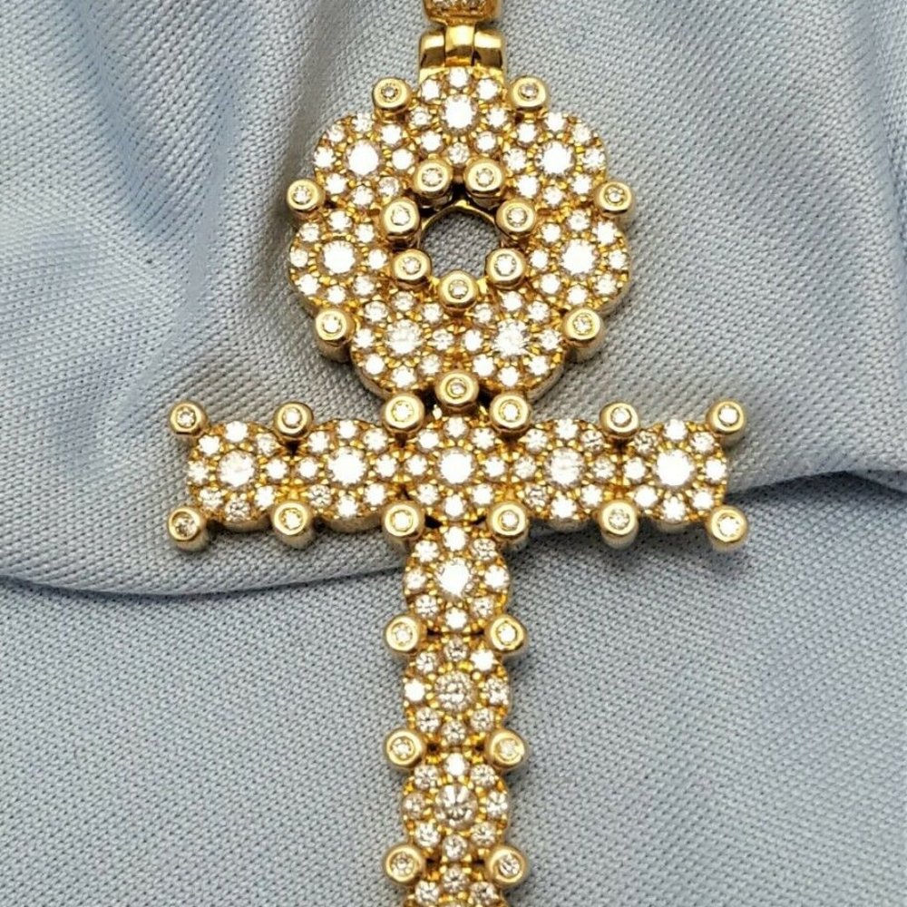 Unique 14K Karat Solid Yellow Gold Designer Ankh Cubic Zirconia Charm Pendant